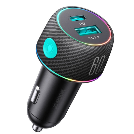 JOYROOM JR-CCN01 60W USB+USB-C / Type-C Multi-color Car Charger with Light Button