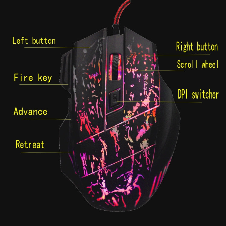 HXSJ A874 7-keys Flowing Water Crack Colorful Luminous Wired Gaming Mouse