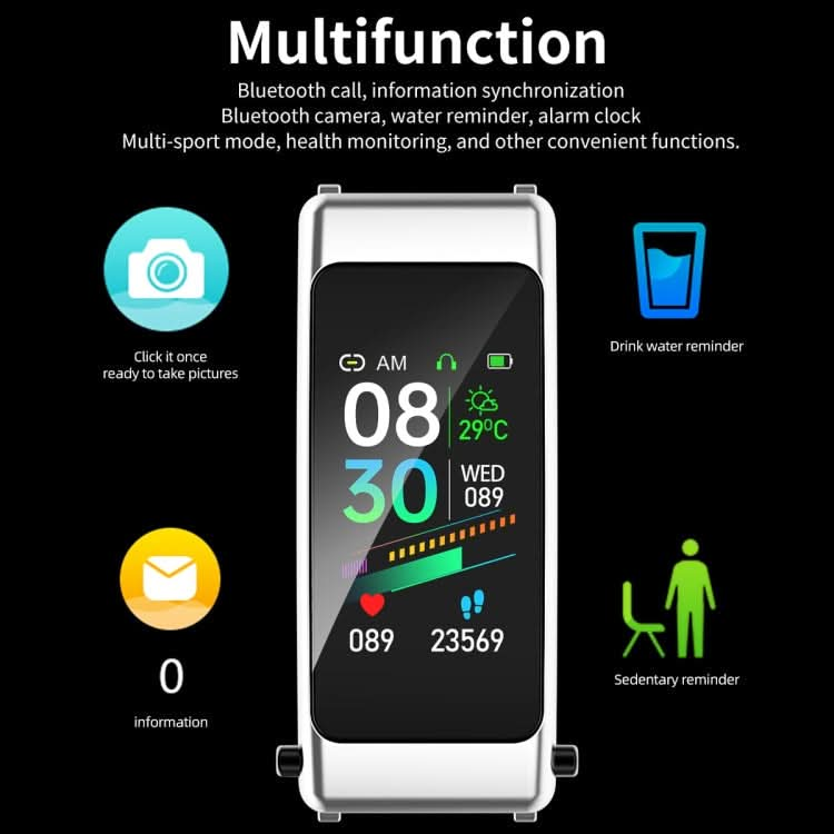 K50 1.08 inch Silicone Band Earphone Detachable IP67 Waterproof Smart Watch Support Bluetooth Call