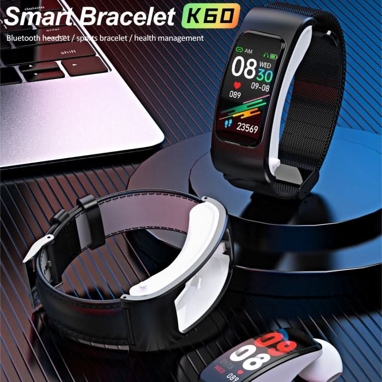 K60 1.08 inch Steel Band Earphone Detachable Life Waterproof Smart Watch Support Bluetooth Call