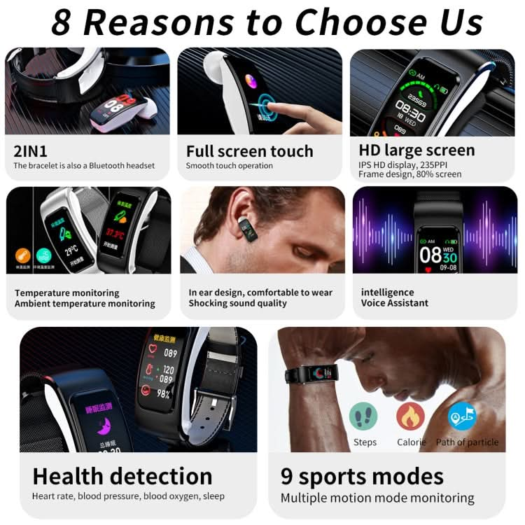 K60 1.08 inch Steel Band Earphone Detachable Life Waterproof Smart Watch Support Bluetooth Call