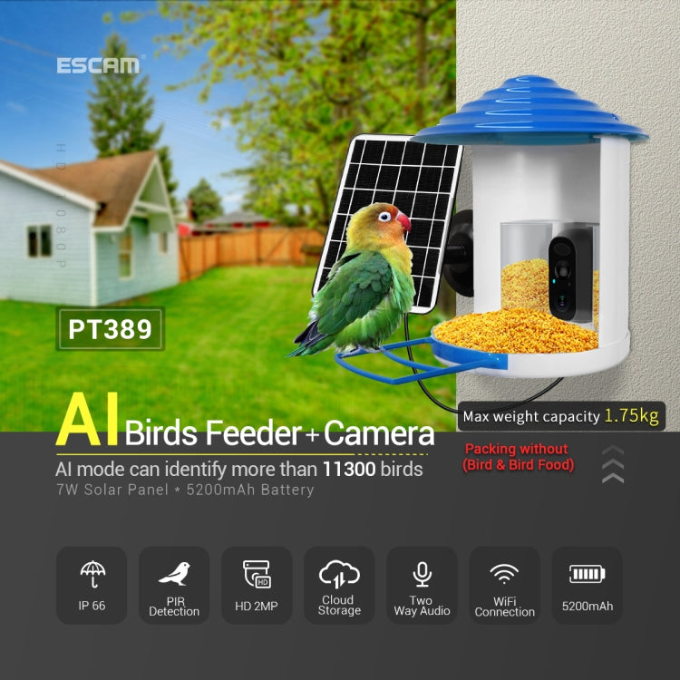 ESCAM PT389 IP66 Waterproof 2MP PIR Motion Detection Two-way Audio Night Vision WiFi Camera with AI Bird Recognition Bird Watching House