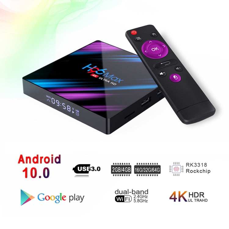 H96 Max-3318 4K Ultra HD Android TV Box with Remote Controller, Android 10.0, RK3318 Quad-Core 64bit Cortex-A53, 4GB+32GB, Support TF Card / USBx2 / AV / Ethernet Reluova