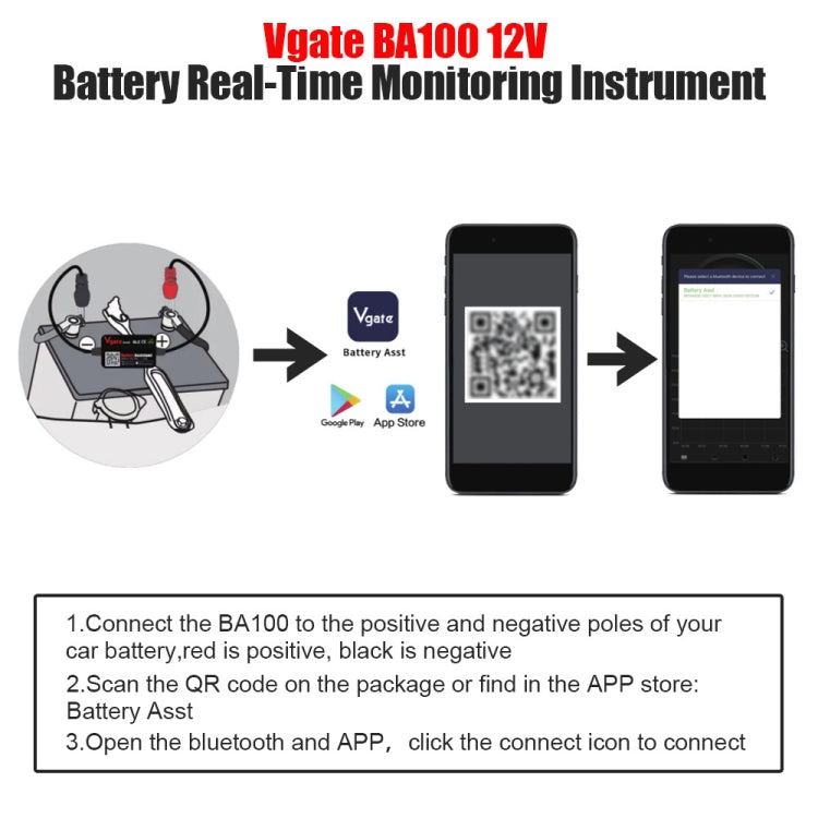 Vgate BA100 Car 12V Bluetooth 4.0 Battery Assistant Analyzer Tester