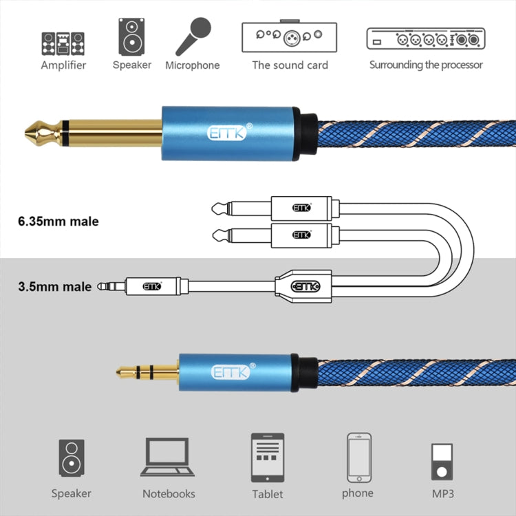 EMK 3.5mm Jack Male to 2 x 6.35mm Jack Male Gold Plated Connector Nylon Braid AUX Cable for Computer / X-BOX / PS3 / CD / DVD My Store