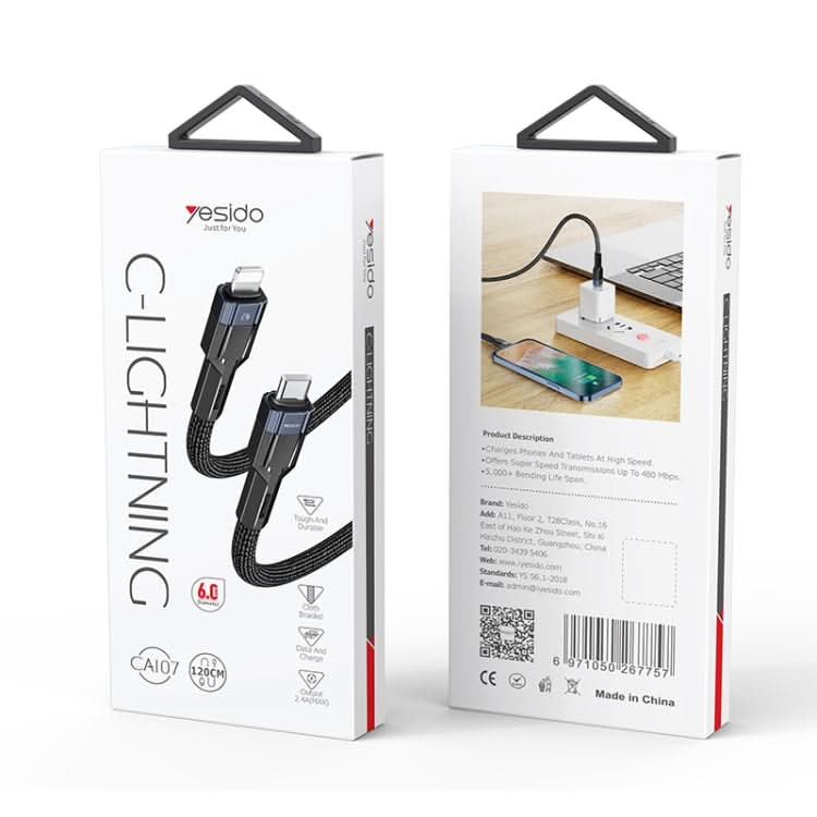 YESIDO CA107 1.2m 2.4A USB-C / Type-C to 8 Pin OD0.6 Charging Data Cable