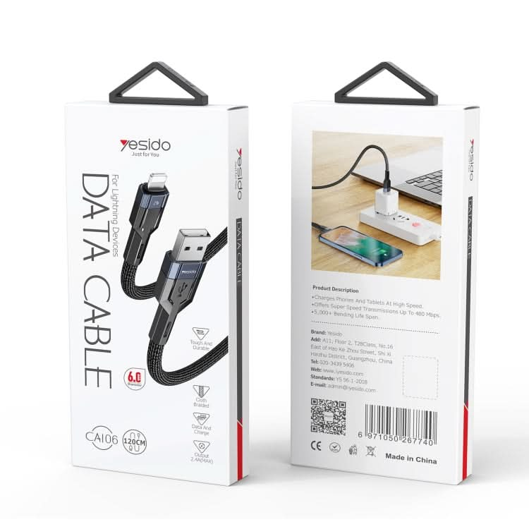 YESIDO CA106 1.2m 2.4A USB to 8 Pin OD0.6 Charging Data Cable