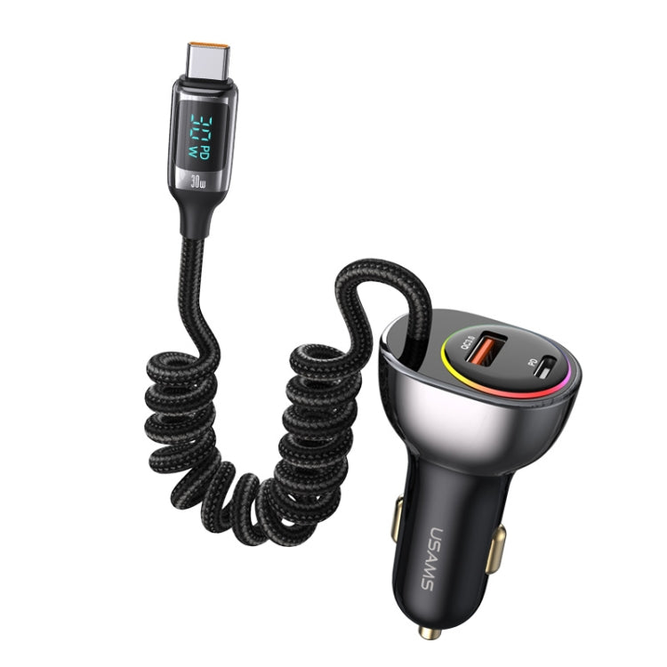 USAMS US-CC192 C37 60W Type-C+USB Dual Port Car Charger with Digital Display 30W Type-C Spring Data Cable