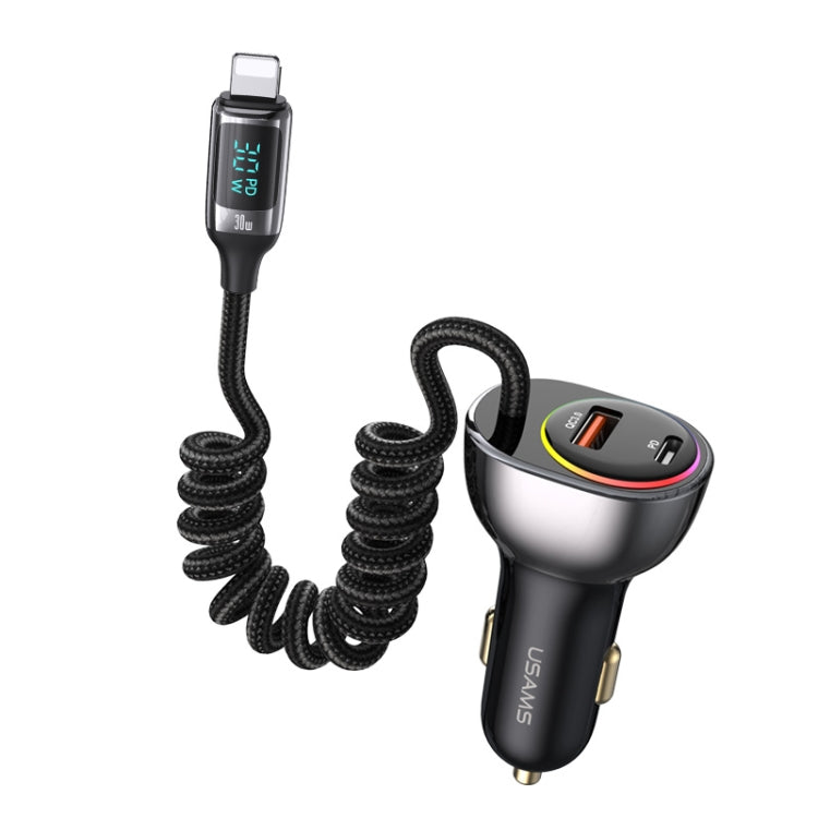 USAMS US-CC193 C37 60W Type-C+USB Dual Port Car Charger with Digital Display 30W 8 Pin Spring Data Cable