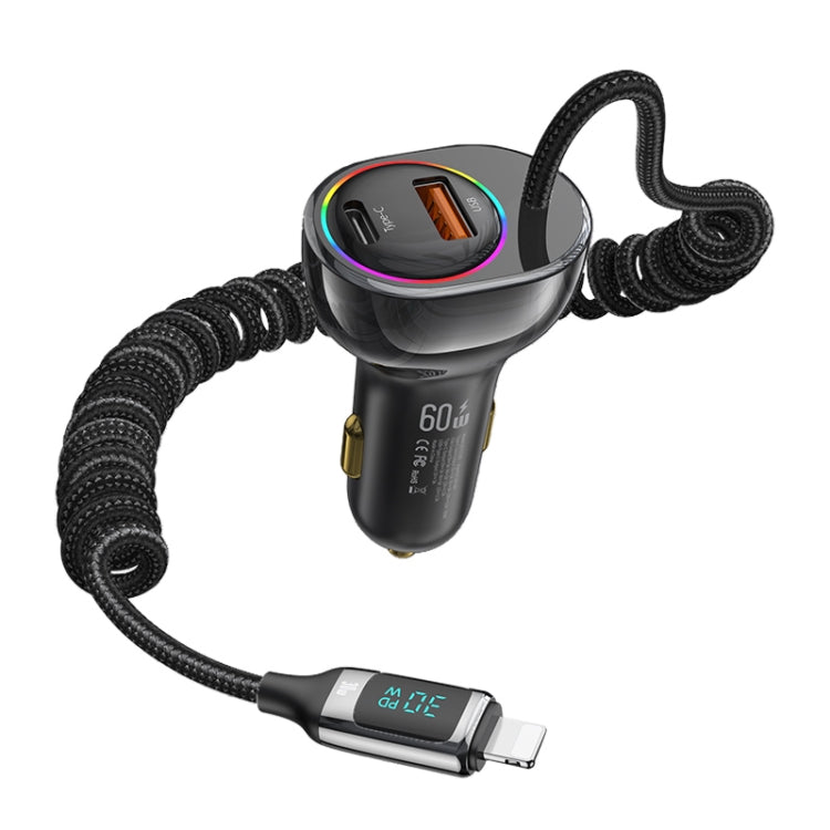 USAMS US-CC193 C37 60W Type-C+USB Dual Port Car Charger with Digital Display 30W 8 Pin Spring Data Cable