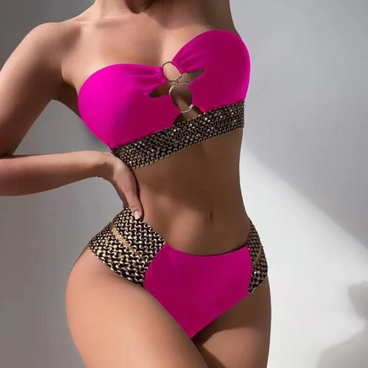 Sexy Bikini-Badeanzug für Damen, einfarbig, hohe Taille, zweiteilig