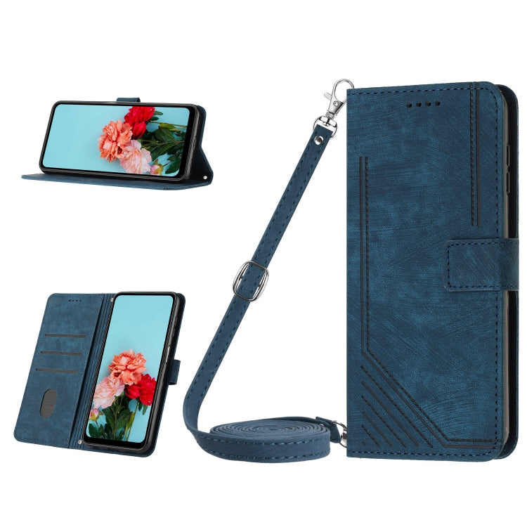 Skin Feel Stripe Pattern Leather Phone Case with Lanyard