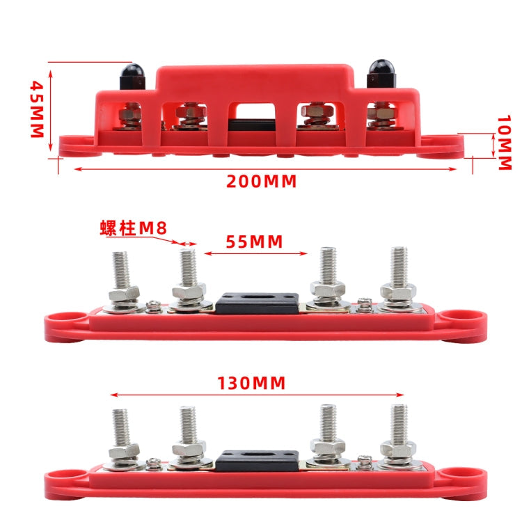 1 Pair RV Yacht M8 Single Row 4-way Power Distribution Block Busbar with Cover with 300A Fuse