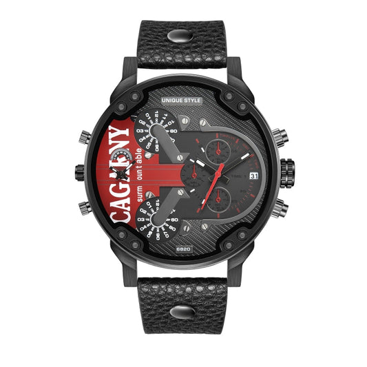 CAGARNY 6830 Men Dual Movement Red Face Leather Strap Quartz Watch