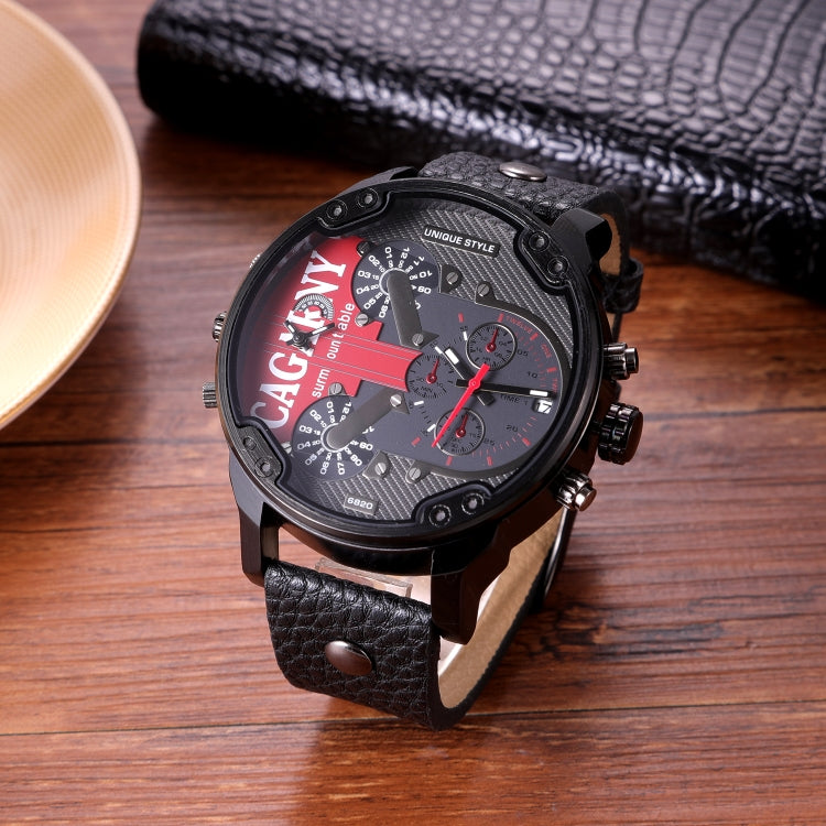 CAGARNY 6830 Men Dual Movement Red Face Leather Strap Quartz Watch