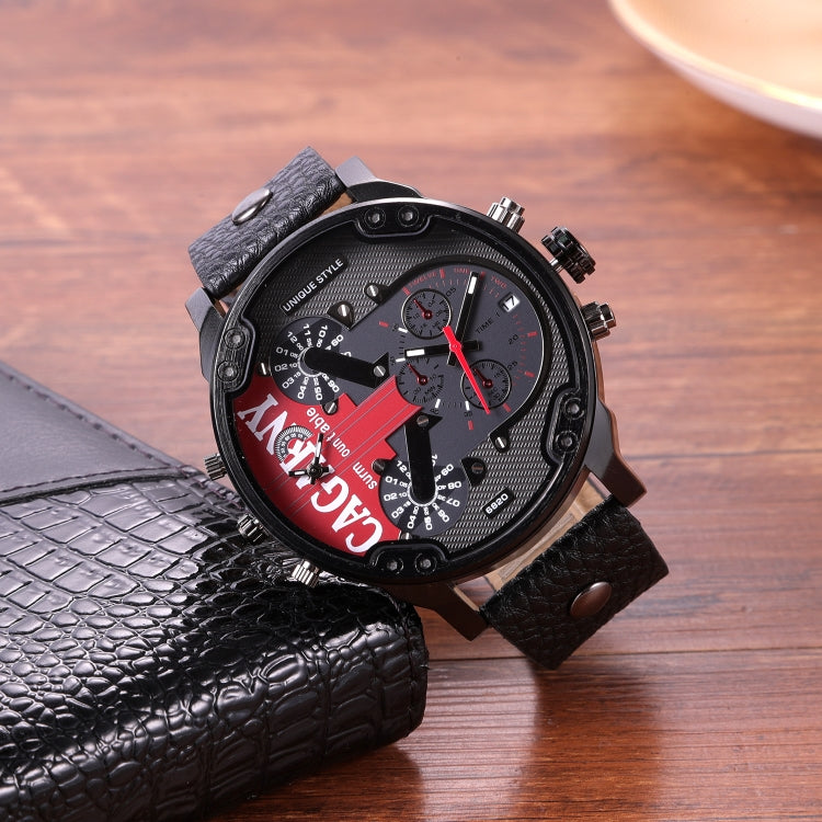 CAGARNY 6830 Men Dual Movement Red Face Leather Strap Quartz Watch Reluova