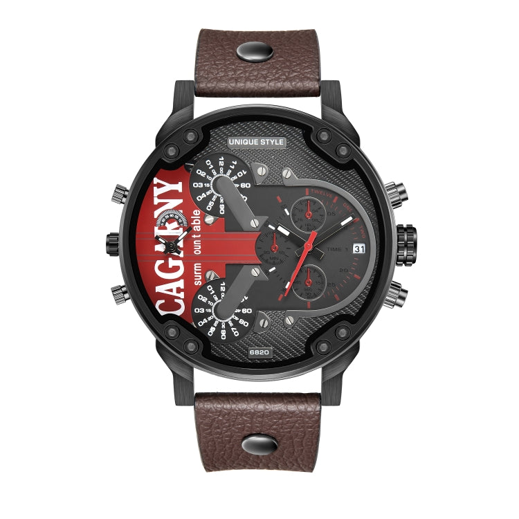 CAGARNY 6830 Men Dual Movement Red Face Leather Strap Quartz Watch