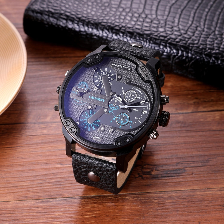 CAGARNY 6820 Men Dual Movement Blue Face Leather Strap Quartz Watch