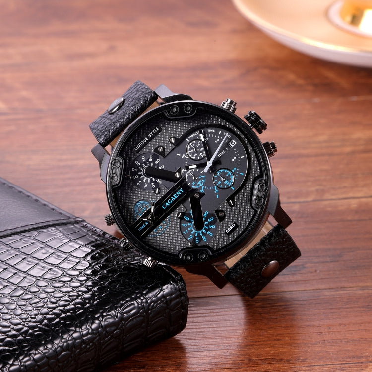 CAGARNY 6820 Men Dual Movement Blue Face Leather Strap Quartz Watch