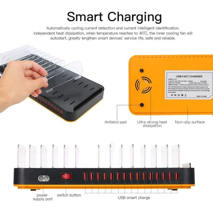 WLX-815P 180W 15 Ports USB Fast Charging Dock Smart Charger with Holder