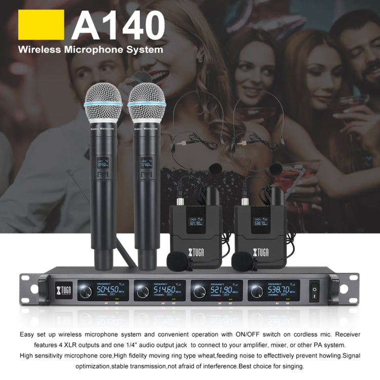 XTUGA A140-HB Wireless Microphone System 4 Channel Handheld Lavalier Headset Microphone