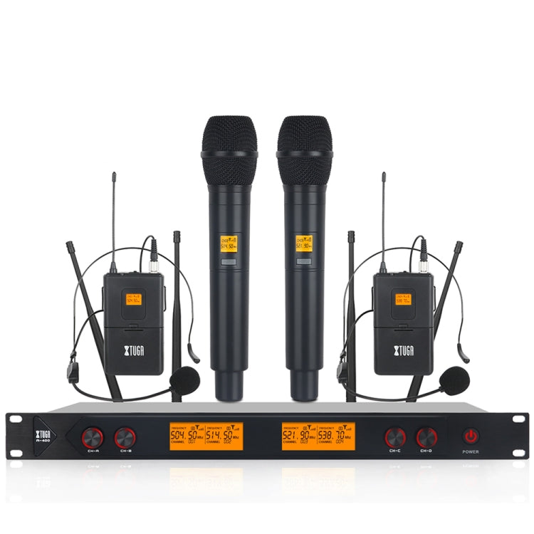 XTUGA A400-HB Professional 4-Channel UHF Wireless Microphone System with 2 Handheld & 2 Headset Microphone