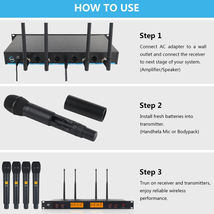 XTUGA A400-H Professional 4-Channel UHF Wireless Microphone System with 4 Handheld Microphone