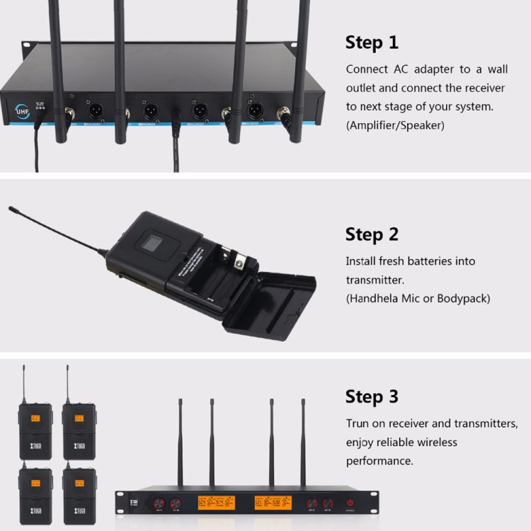 XTUGA A400-B Professional 4-Channel UHF Wireless Microphone System with 4 BodyPack Lavalier Headset Microphone