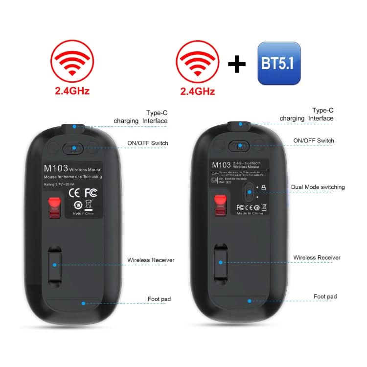 HXSJ M103 1600DPI UV Dual Mode 2.4GHz + Bluetooth 5.1 Wireless Rechargeable Mouse My Store