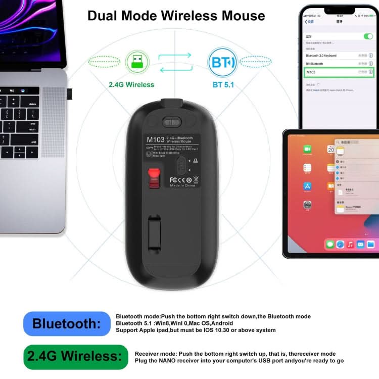 HXSJ M103 1600DPI UV Dual Mode 2.4GHz + Bluetooth 5.1 Wireless Rechargeable Mouse My Store