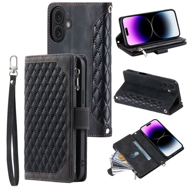 Grid Texture Zipper Leather Phone Case with Lanyard, Series 1