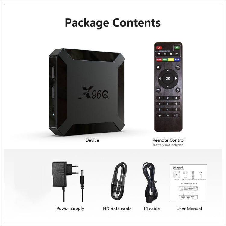 X96Q HD 4K Smart TV Box without Wall Mount, Android 10.0, Allwinner H313 Quad Core ARM Cortex A53 , Support TF Card, HDMI, RJ45, AV, USBx2 Reluova