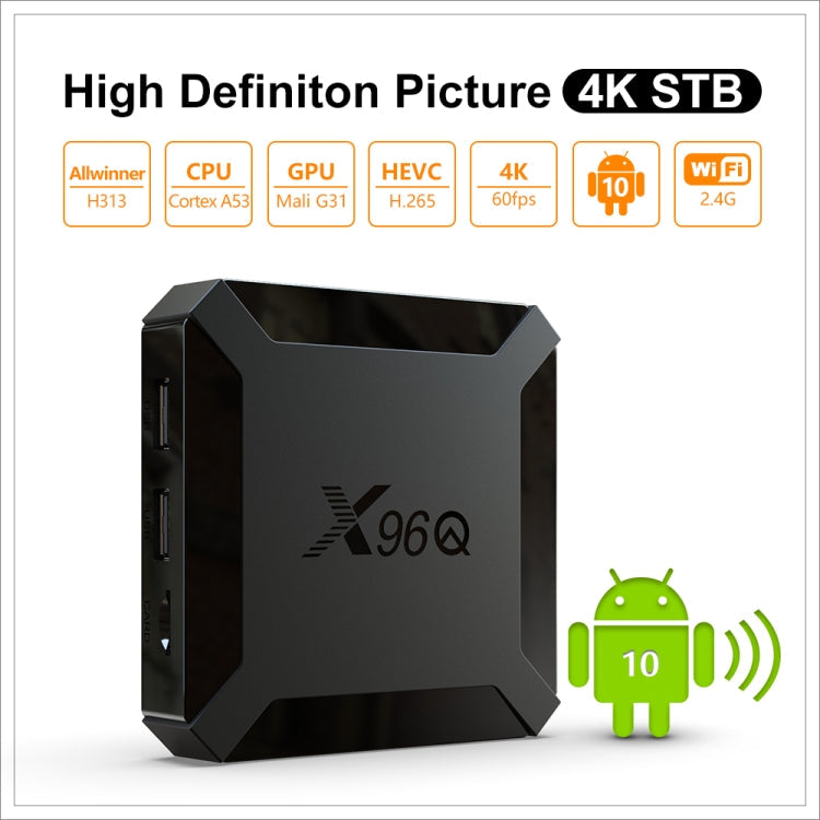 X96Q HD 4K Smart TV Box without Wall Mount, Android 10.0, Allwinner H313 Quad Core ARM Cortex A53 , Support TF Card, HDMI, RJ45, AV, USBx2 Reluova