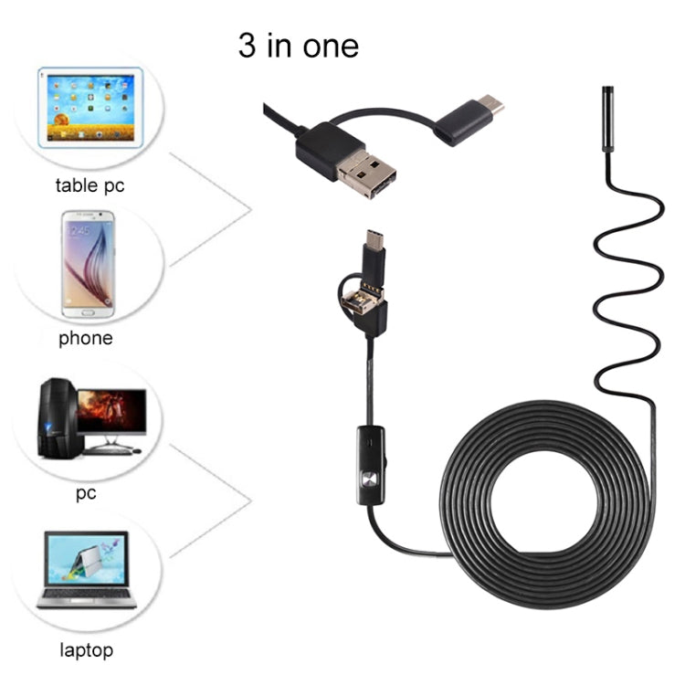 AN100 3 in 1 IP67 Waterproof USB-C / Type-C + Micro USB + USB HD Endoscope Hard Tube Inspection Camera for Parts of OTG Function Android Mobile Phone, with 6 LEDs