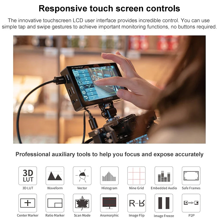 FEELWORLD LUT5E 5.5 inch High Bright 1600nit Touch Screen DSLR Camera Field Monitor F970 External Power and Install Kit 4K HDMI 1920X1080 IPS Panel