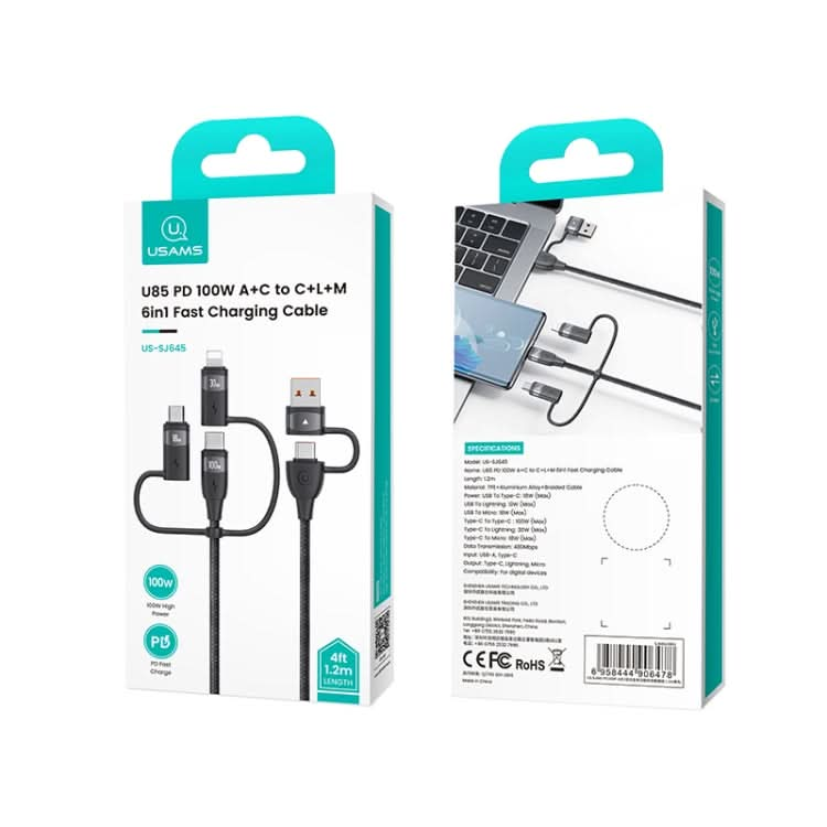 USAMS US-SJ645 U85 1.2m PD100W 6 in 1 Alloy Multifunctional Fast Charging Cable