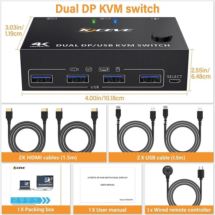 KC-KVM202DP 4K 60Hz USB3.0 DP Dual Monitors KVM Switch My Store