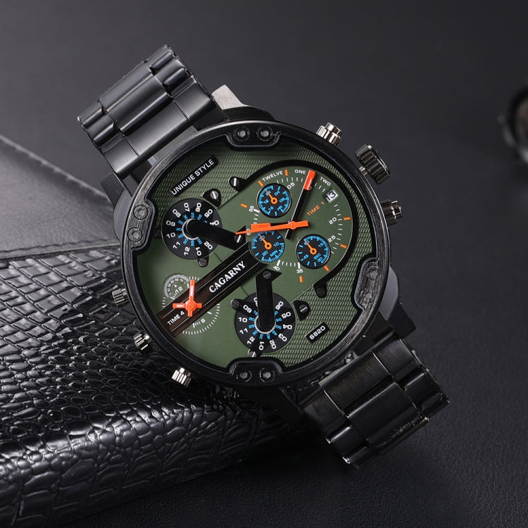 CAGARNY 6820 Men Dual Movement Green Face Steel Strap Quartz Watch