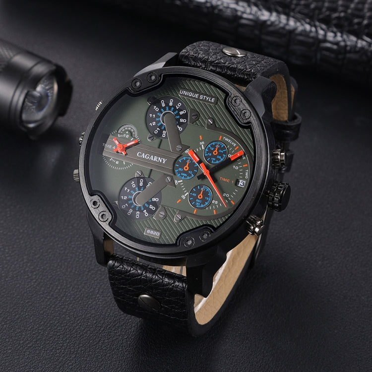 CAGARNY 6820 Men Dual Movement Green Face Leather Strap Quartz Watch