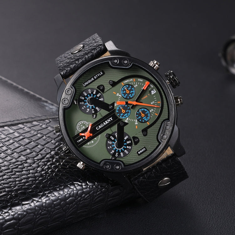 CAGARNY 6820 Men Dual Movement Green Face Leather Strap Quartz Watch