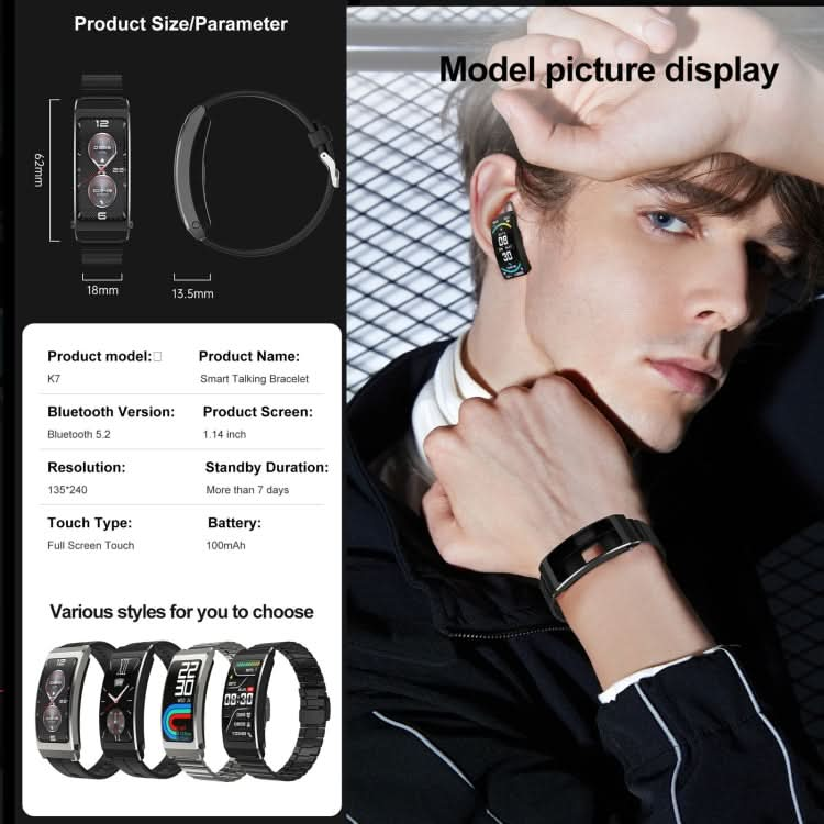 K7 1.14 inch TFT Screen Smart Call Bracelet, BT Call / Heart Rate / Blood Pressure / Blood Oxygen