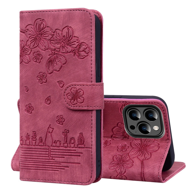 Cartoon Sakura Cat Embossed Leather Phone Case, Series 1