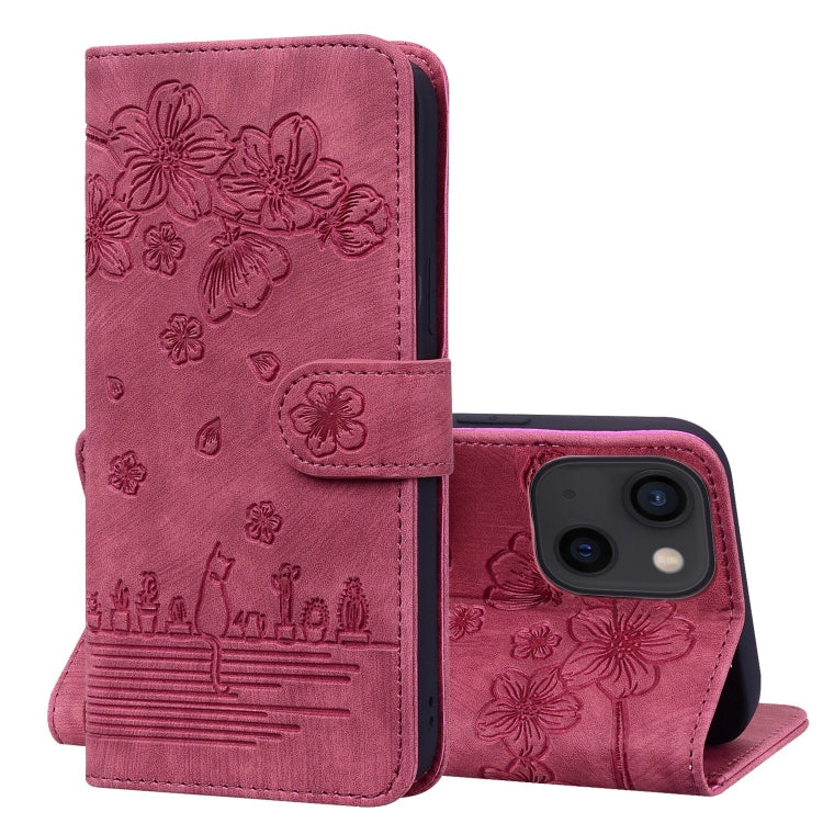 Cartoon Sakura Cat Embossed Leather Phone Case, Series 2