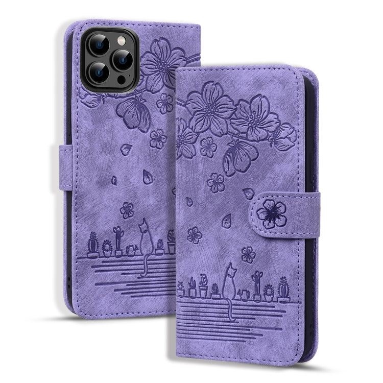 Cartoon Sakura Cat Embossed Leather Phone Case, Series 2