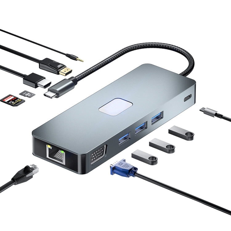 BYL-2309 Type-C to HDMI 4K 60Hz + DP HD + VGA + RJ47 + USB3.2 + Audio 3.5mm + PD100W + SD + TF Docking Station HUB