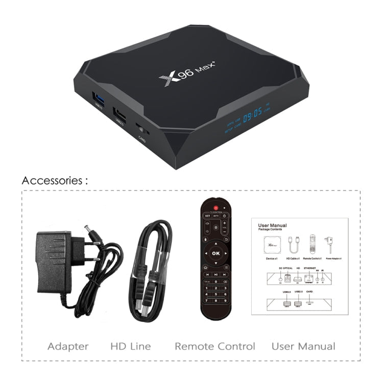 X96 max+ 4K Smart TV Box with Remote Control, Android 9.0, Amlogic S905X3 Quad-Core Cortex-A55,2GB+16GB, Support LAN, AV, 2.4G/5G WiFi, USBx2,TF Card, Reluova