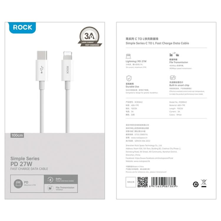 ROCK Simple Series 1m 27W USB-C / Type-C to 8 Pin Fast Charging Data Cable