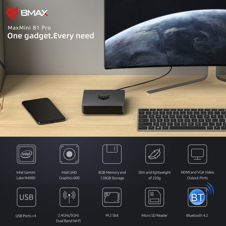 BMAX B1 Pro Windows 10 Mini PC, Intel Celeron N4000, Support HDMI / VGA / RJ45