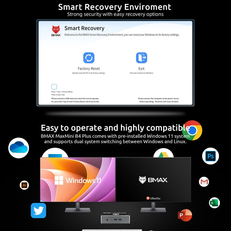 BMAX B4 Plus Windows 11 Mini PC, Intel Alder Lake N100, Support Dual HDMI / RJ45