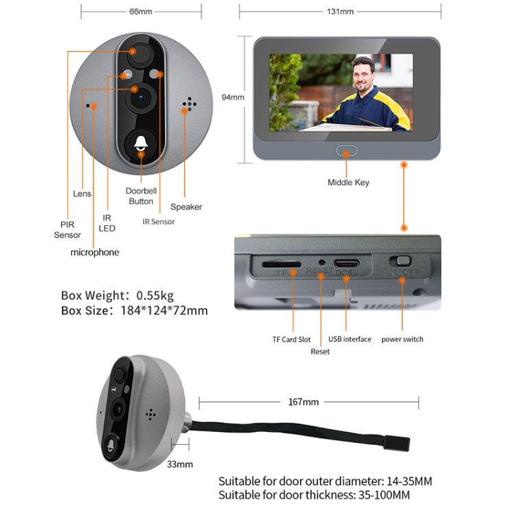 ESCAM C87 1080P 4.3 inch Smart WiFi Digital Door Viewer Supports Wide-Angle PIR & Night Vision & Dingdong Photo